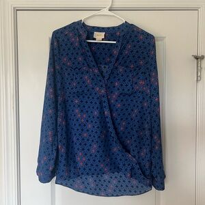 Anthropologie Maeve Eva Blue Pattern Wrap Long Sleeve Blouse